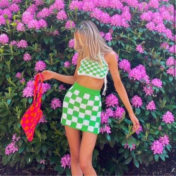 NWOT Frankies Bikinis Jasper Crochet Mini Skirt In Green Checker Medium - Picture 1 of 4